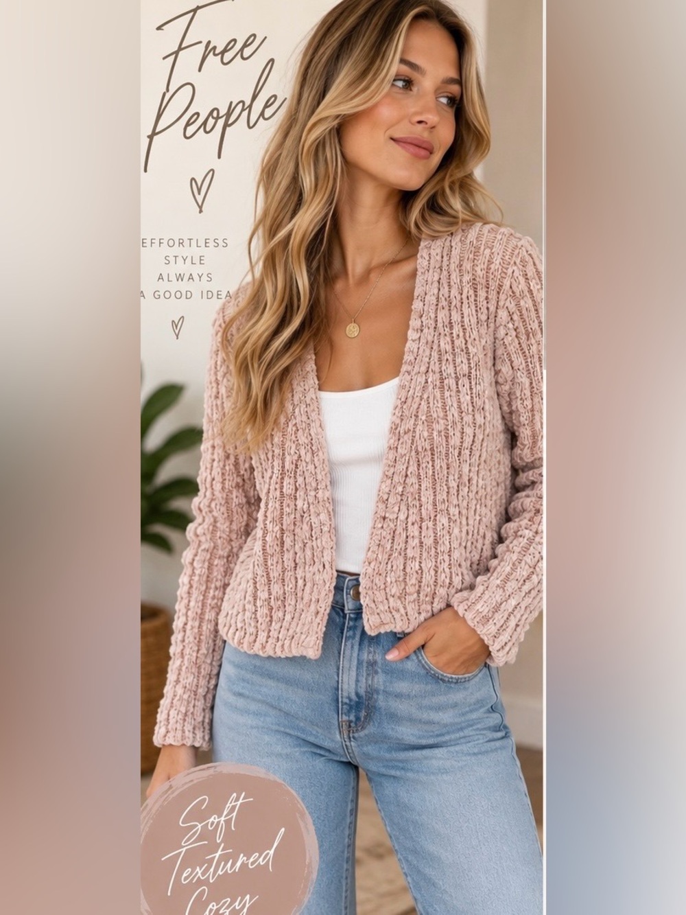 FREE PEOPLE BLUSH PINK TEXTURED OPEN FRONT CHENILLE KNIT CARDIGAN (XS)